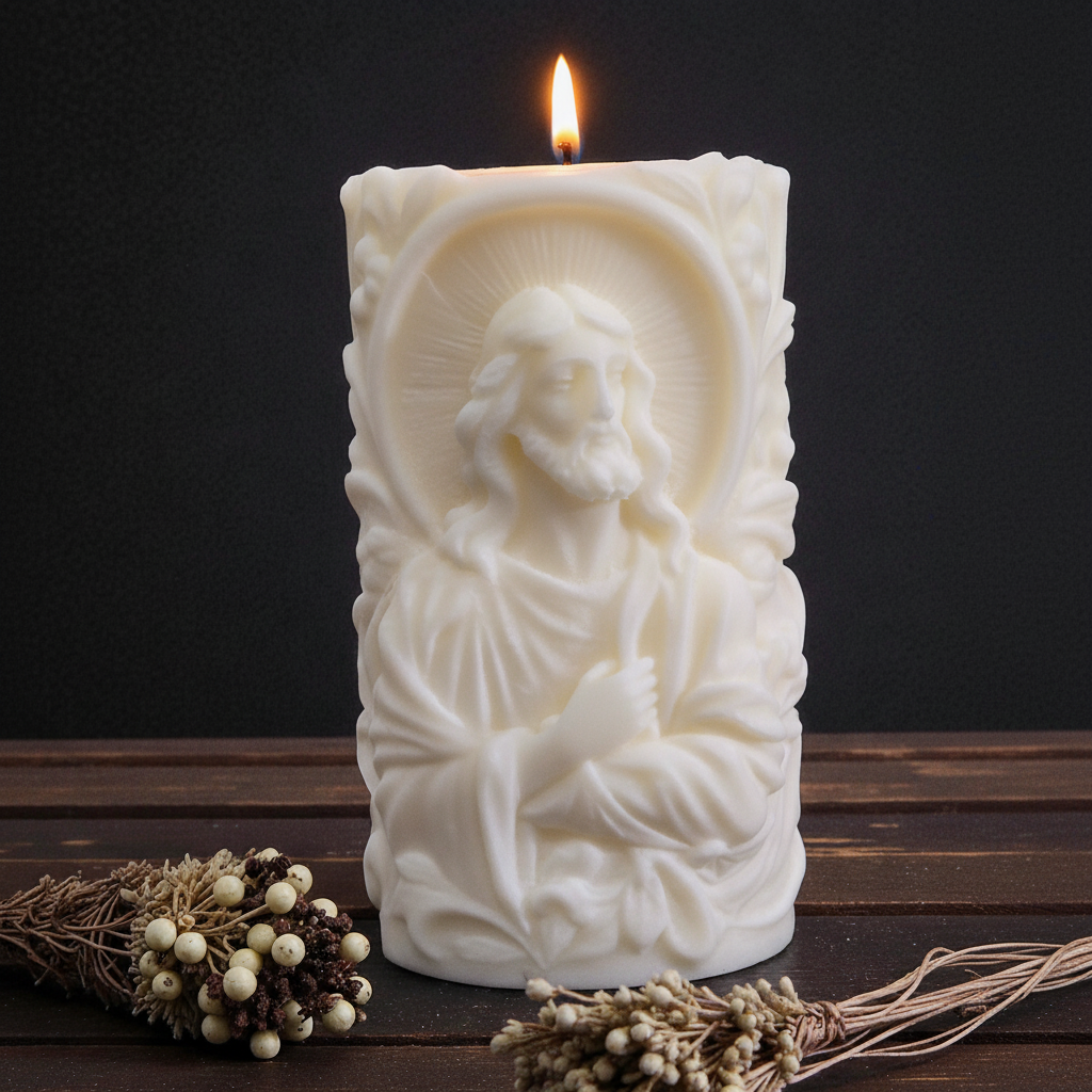 Clean Jesus embossed candle without scratches
