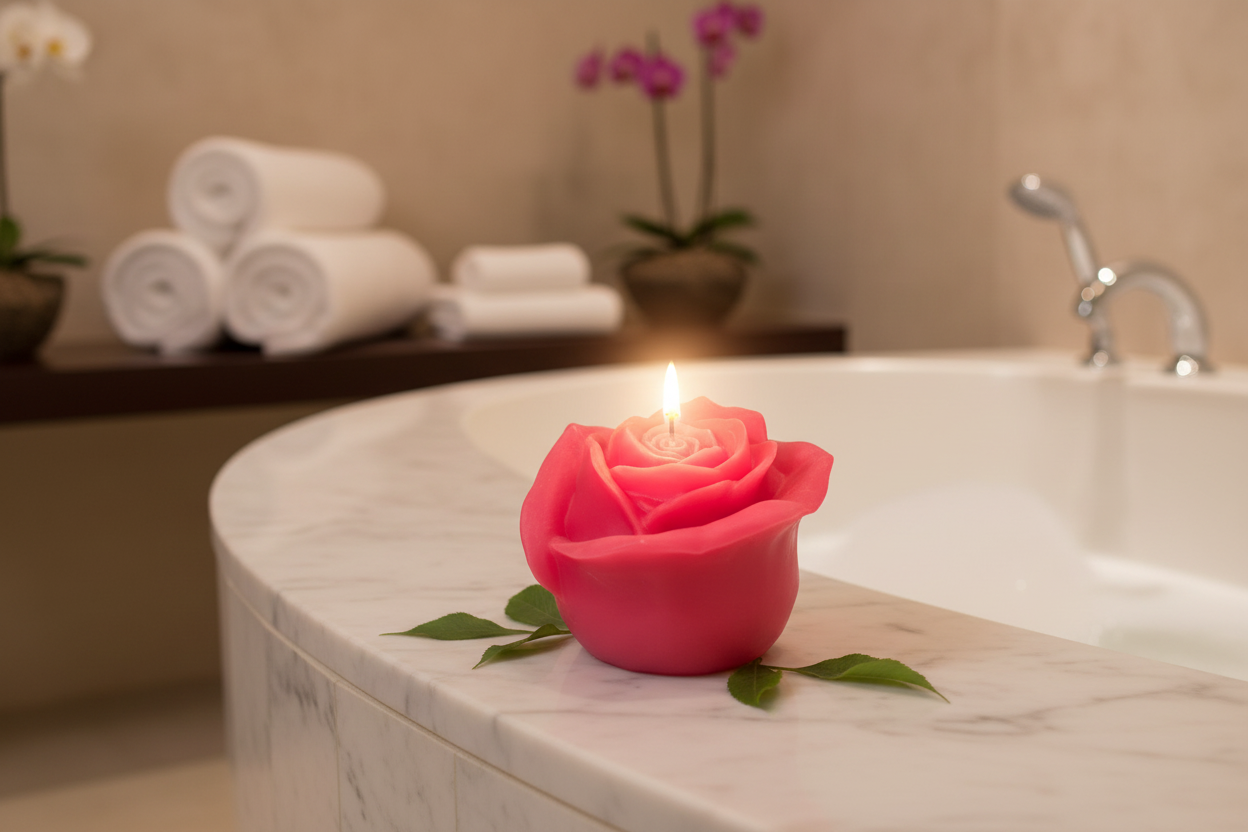 Pink rose candle in spa bathroom