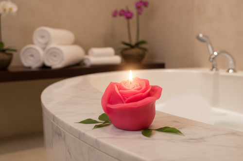 Pink rose candle in spa bathroom